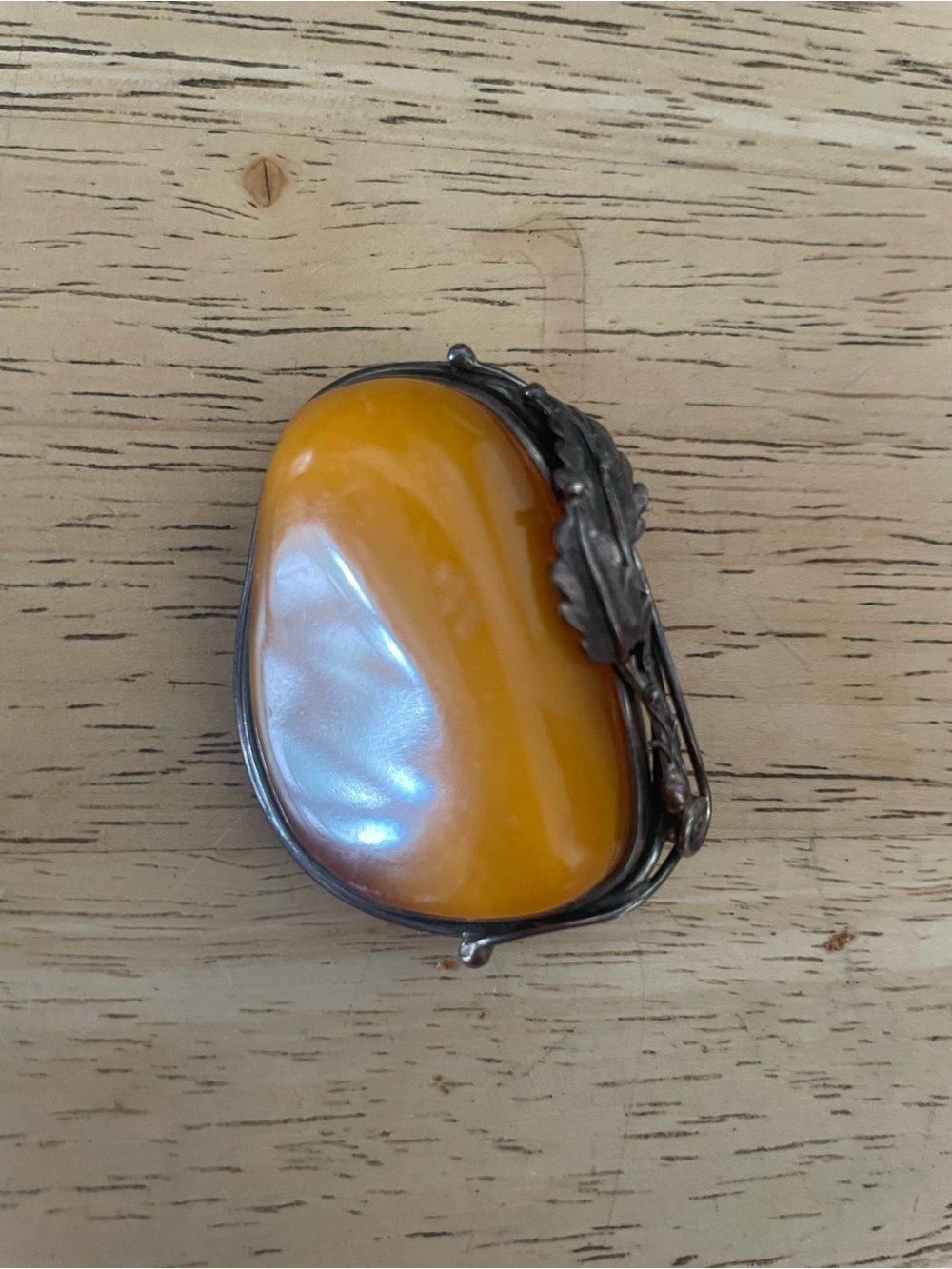 Vintage silver brooch, butterscotch amber cabochon delicate leaf design hardware